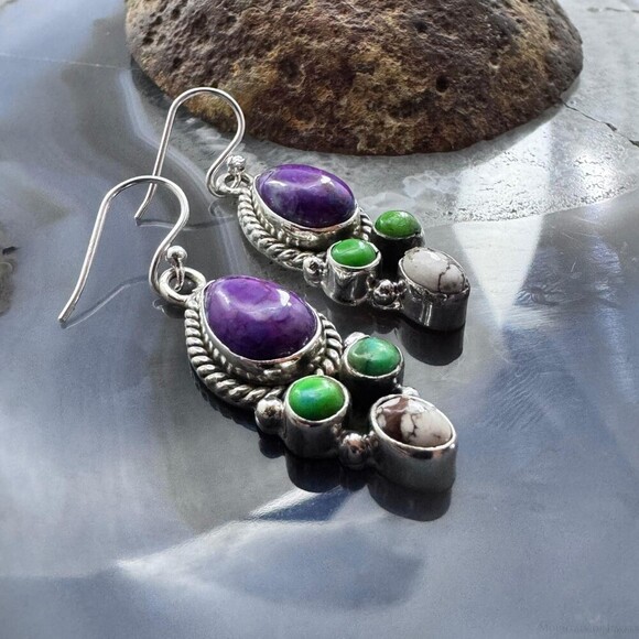 Sterling Southwestern Style Multistone Cluster Dangle Earrings For Women #2 - Picture 3 of 10